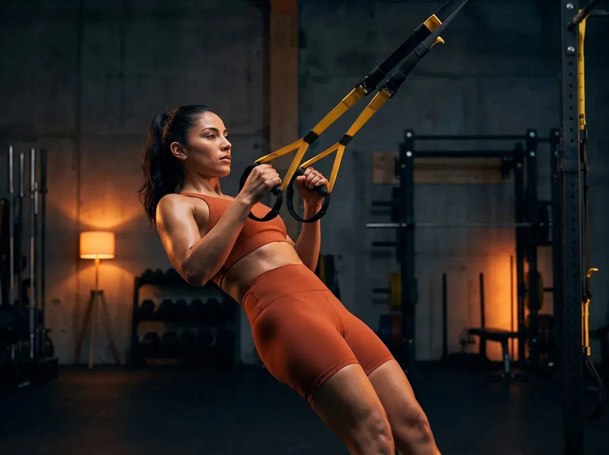 A woman doing a suspension-strap row in a gym